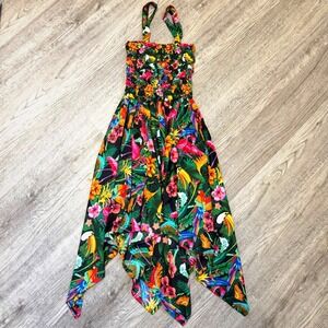 Blue Hue Magic Colours Tropical Bird Floral Smocked Handkerchief Dress Free Size